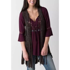 Daytrip Brown Macrame Fringe‎ Cardigan Overpiece Size L